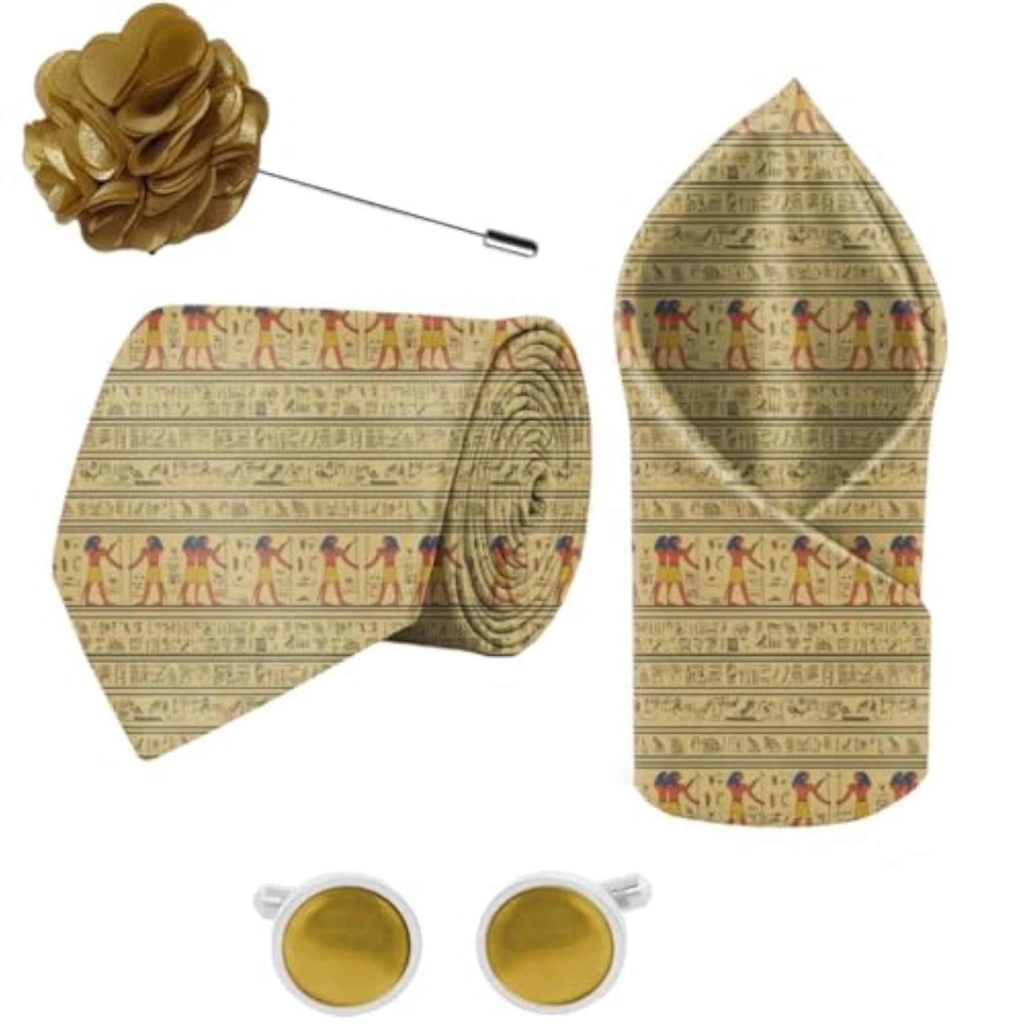 Ancient Art Printed Tie and Pocket Square Set with Cufflink